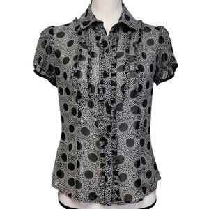 LOFT Black Polka Dot Blouse Womens Sz 0 Sheer Ruffle Top Career‎ Office Workwear
